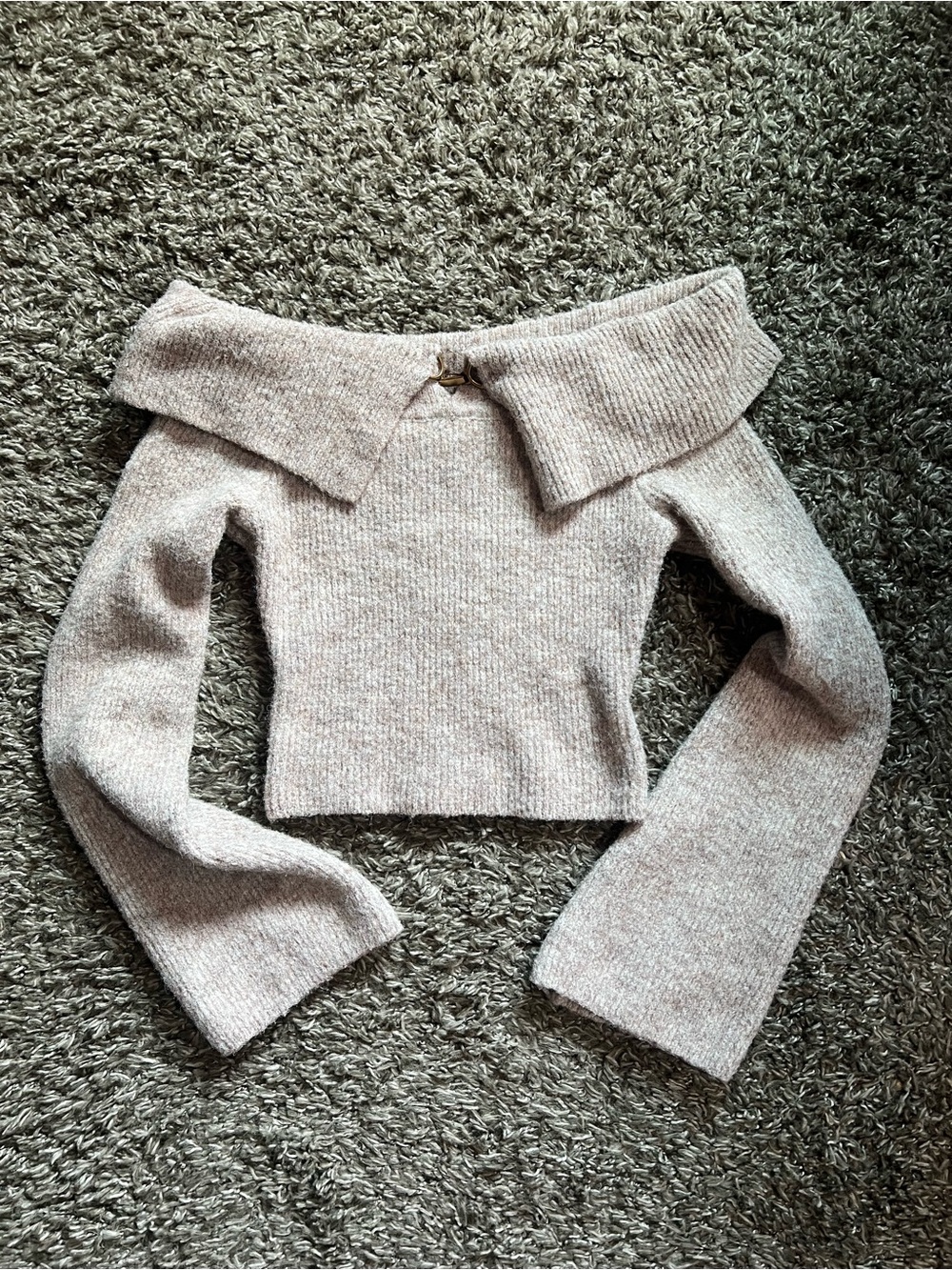 Meshki Taupe Off-the-Shoulder Cropped Knit Top